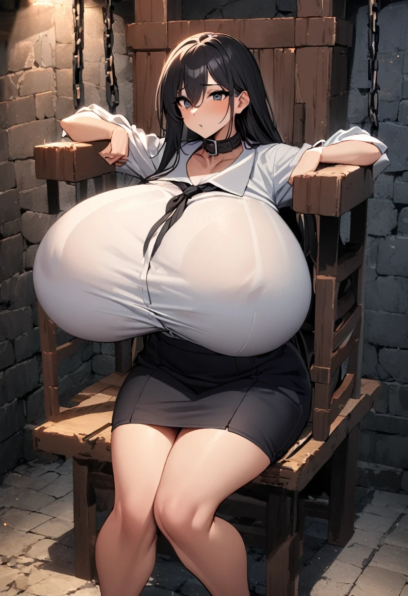 25 year old girl, Italian features, long loose black hair, super mega gigantic breasts, torn white shirt, black miniskirt, in a dungeon, tied to a torture chair, her arms are tied to the armrests of the chair she is wearing a slave collar