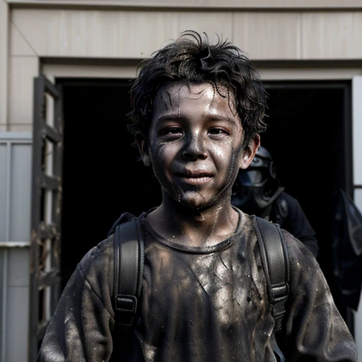 Close-up of a boy covered in soot from an explosion during the filming of a comedy movie as he emerges from the entrance of a building