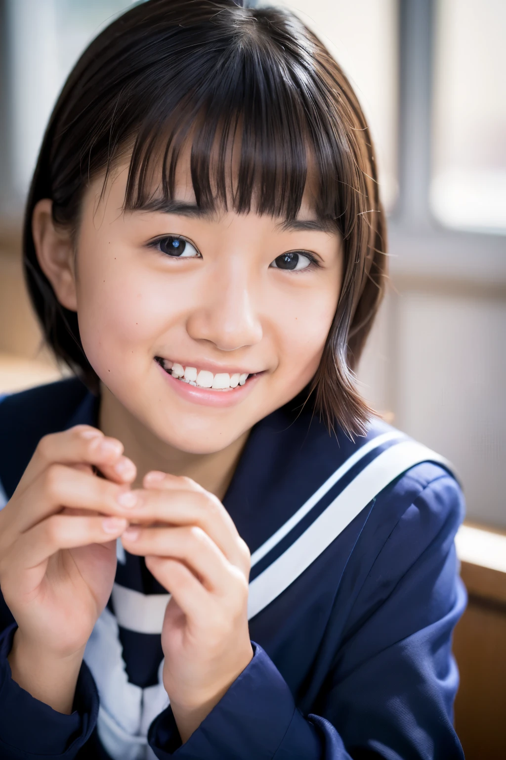 lens: 135mm f1.8, (highest quality),(RAW Photos), (Tabletop:1.1), (Beautiful 12 year old Japanese girl), Cute Face, (Deeply chiseled face:0.7), (freckles:0.4), (Japanese School Uniform), (In the classroom), shy, (Close-up shot:1.2), (smile), (sunlight), Navy blue sailor suit, Long sleeve