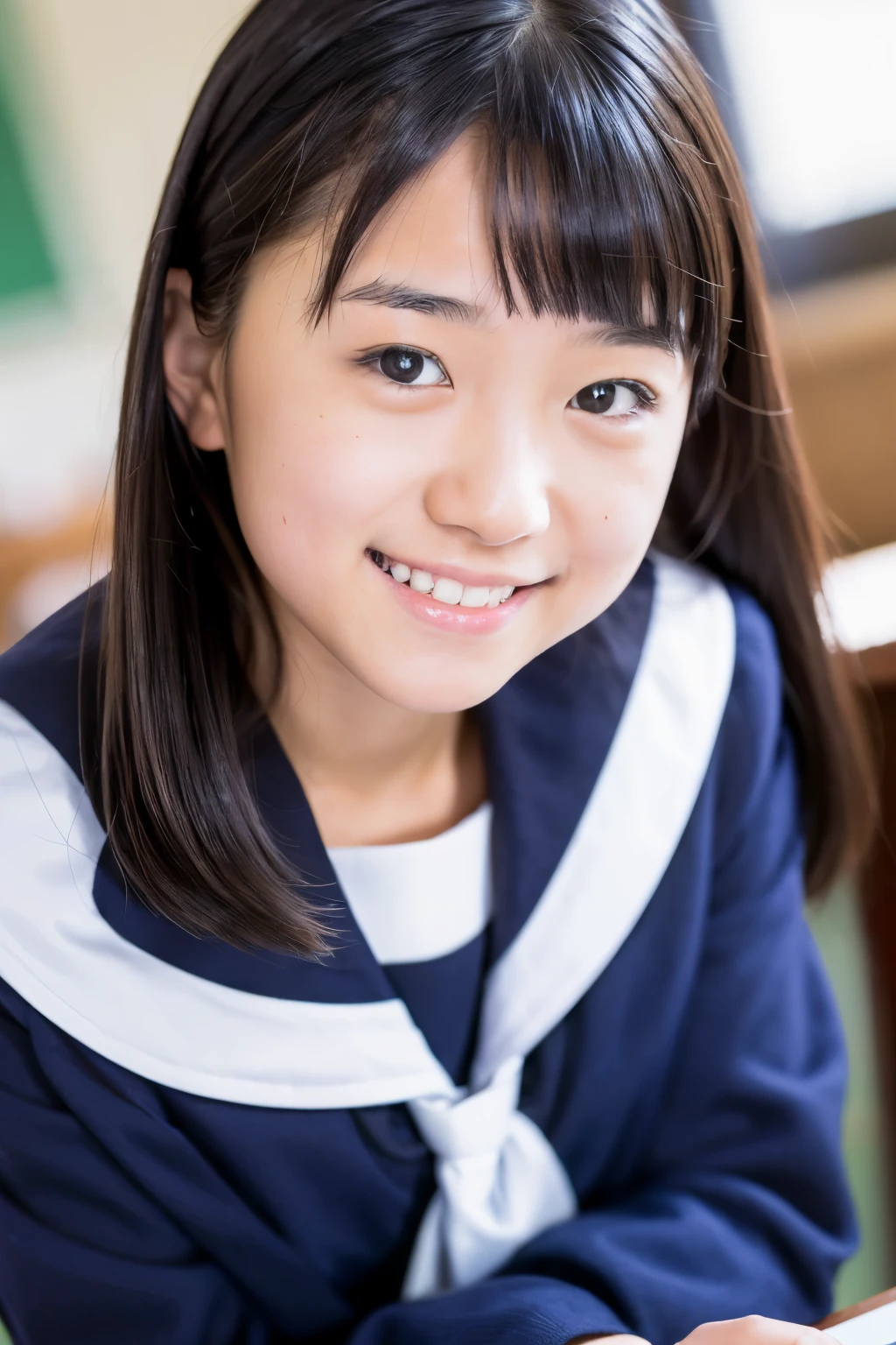 lens: 135mm f1.8, (highest quality),(RAW Photos), (Tabletop:1.1), (Beautiful 12 year old Japanese girl), Cute Face, (Deeply chiseled face:0.7), (freckles:0.4), (Japanese School Uniform), (In the classroom), shy, (Close-up shot:1.2), (smile), (sunlight), Navy blue sailor suit, Long sleeve