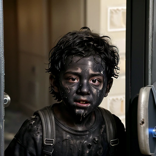 Close-up of a boy covered in soot coming out of a building entrance after a bomb explodes during the filming of a comedy movie