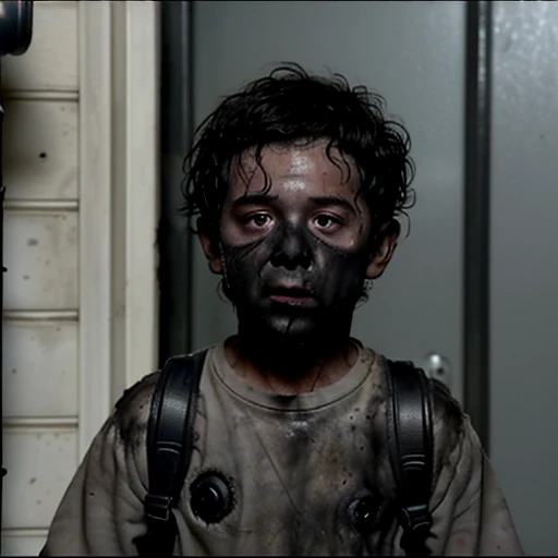 Close-up of a boy covered in soot coming out of a building entrance after a bomb explodes during the filming of a comedy movie