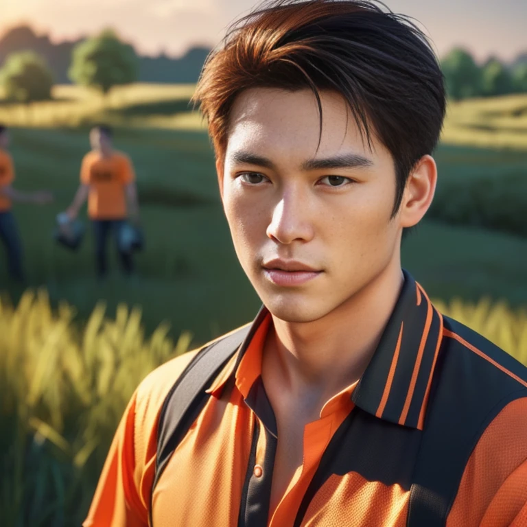 A man wearing an orange shirt is in a field., Very handsome, very realistic, Handsome young man's face, Asian man, Realistic art style, handsome man, 3D demoreal avatar, semi-realistic rendering, Soft portrait 8 k, Highly detailed realistic faces, 8K vertical rendering, Realistic perfect face, Southeast Asians with round faces, Handsome Chad Chin