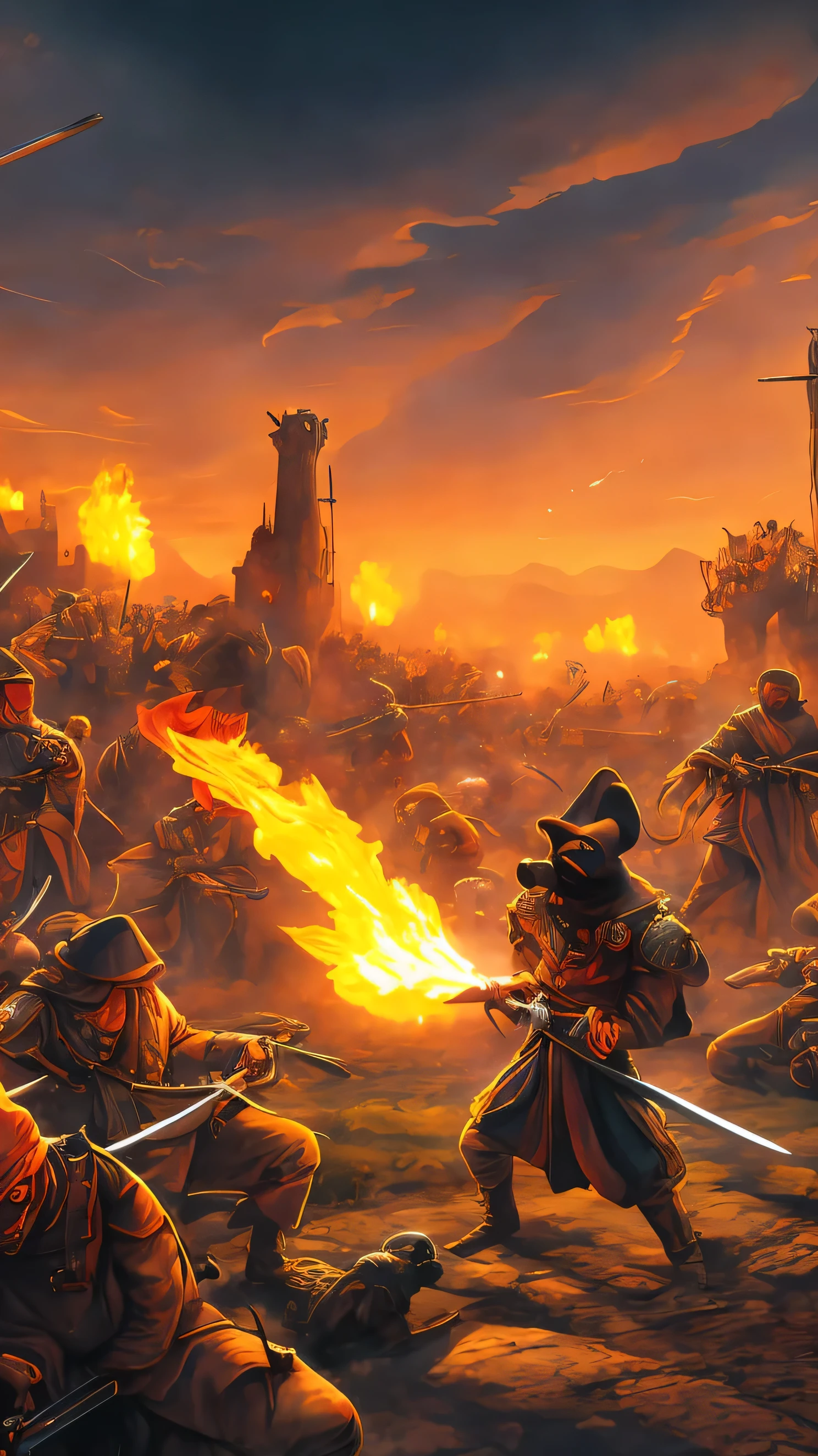 A highly detailed fantasy illustration of a frog wielding a katana, set in a plains of devasted  battlefield with smoke and flames in the background, surrounded by many deadbodys, in a medieval style, masterpiece, best quality, 8k, hyper detailed, photorealistic, cinematic lighting, vibrant colors, dramatic composition