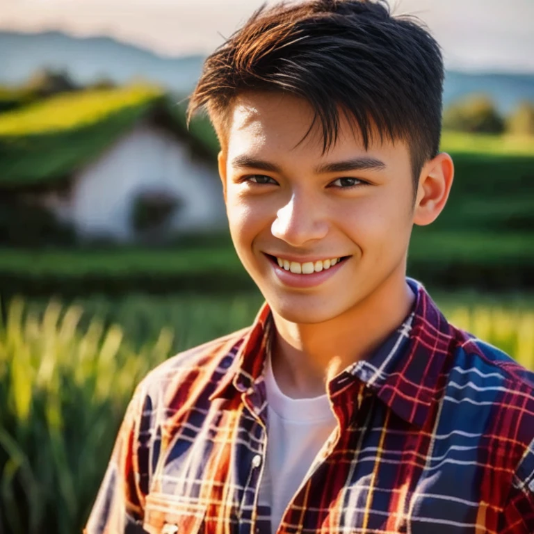 A man wearing an orange shirt is in a field., Very handsome, very realistic, Handsome young man's face, Asian man, Realistic art style, handsome man, 3D demoreal avatar, semi-realistic rendering, Soft portrait 8 k, Highly detailed realistic faces, 8K vertical rendering, Realistic perfect face, Southeast Asians with round faces, Handsome Chad Chin