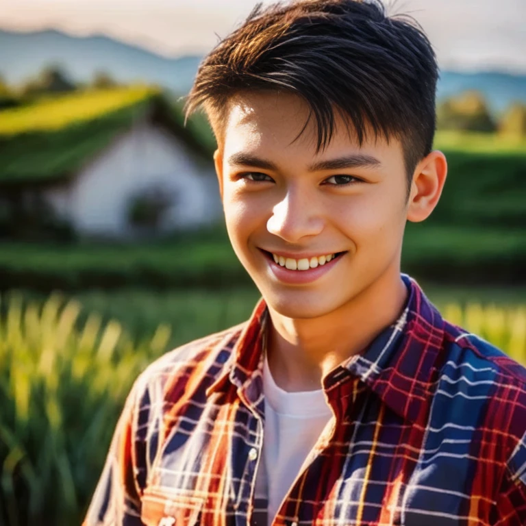 A man wearing an orange shirt is in a field., Very handsome, very realistic, Handsome young man's face, Asian man, Realistic art style, handsome man, 3D demoreal avatar, semi-realistic rendering, Soft portrait 8 k, Highly detailed realistic faces, 8K vertical rendering, Realistic perfect face, Southeast Asians with round faces, Handsome Chad Chin
