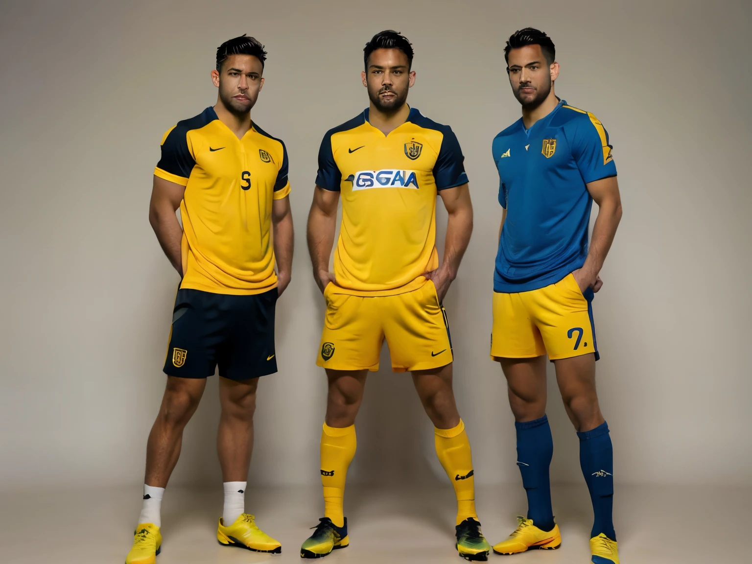 FULLBODY. 3 JUGADORES DE SOCCER CON JERSEY AMARILLO Y SHORT AZUL, PARADOS Y CON SUS MANOS EN SUS HOMBROS