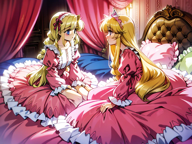 ,highest quality, masterpiece, highest resolution, artwork,1990s style anime illustration,((10 year old little girls)),Super detailed baby face,both are princesses,detailed luxury tiara,Full length ball gown dress with hoop skirt,ruffle yoke collar,Detailed braided ribbon at chest,puff sleeves,long sleeve,((lolita style hot pink princess satin dress、Comes with lots of frills and ribbons。)),shiny silk satin dress,soft and smooth silk satin fabric,luxury,Very long blonde hair,blue eyes,white skin european,pajamas,((inside the palace)),Princess dancing happily,gorgeous flowing dress,fine white frills and lace,Super long hair that is as tall as your body,white long socks,drawers with lots of frills,castle bedroom at night,Super long flowing hair,on the bed,Luxurious canopy on the bed,Huge, spacious bed,Pink pillow with lots of frills,Silk satin pink curtains with luxurious ruffles and ribbons surround the bed,princess sitting on bed,Pillows piled up behind the princess,A princess leaning on a pile of pillows,Long hair scattered like a fan on the bed,(((Both legs are completely hidden inside the dress))),