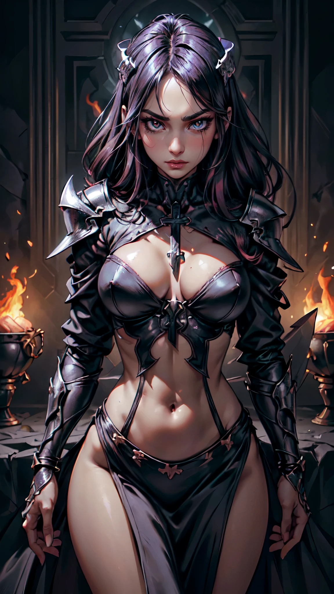 [Detailed illustrations, art based on extremely ideal anatomy, very detailed and detailed drawings, slow and delicate pen touches, realistic texture expression],((Accurate simulation of light-material interactions, understanding of air flow, mechanically correct expression))),(Design built at a high level,((Advanced structural understanding)),Ideal color coordination),(( Intricate decoration (ultra-dense detail)),(Detail,High Definition)(Color tressed lines)),(Artwork of outstanding virtuosity),(Fine and beautiful skin expression (transparency))),(Perfect and beautiful face,Realistic face detail),(Perfect eye (Realistic pupil detail (Beautiful iris drawn in detail) (Sharp pupil))),(Perfectly proportioned proportions)),( Lava Cave Background ((Flame Hell))),Demon Knight [DemonGirl with Red Skin, 19 Years Old, Slender Muscular] Flame Hair, Bone Armor (((Cross-shaped wound on chest)))) Skull Mask,(Fresh Blood Blade (Edge)),(Burning energy from inside the body)))),[Ultra Precision Detail,High Quality,High Resolution,(Multilayer Texture))],(( Visual art with a sense of narrative)).,detailed eyess, detailed hands. detailed face