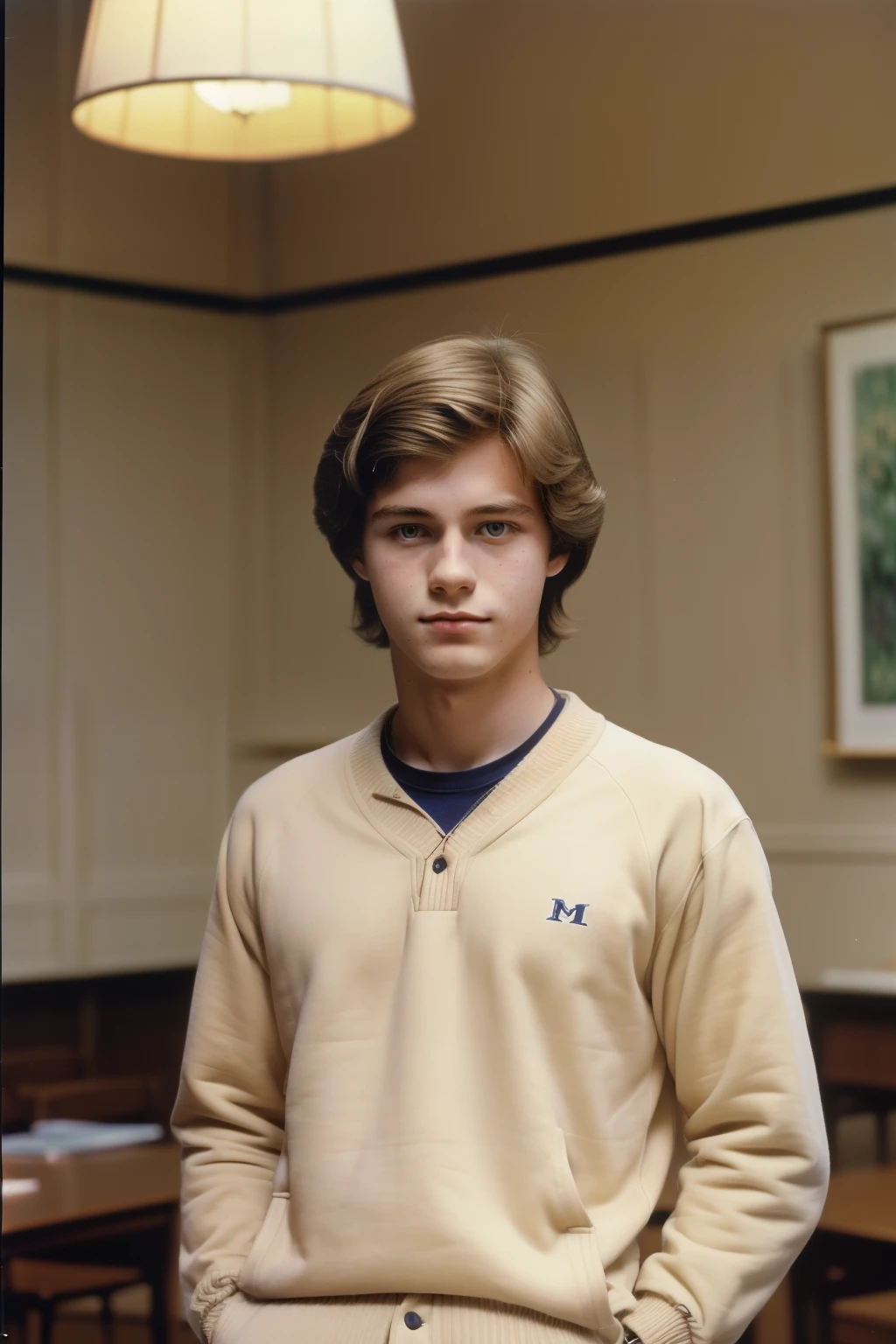 Hampden College, 1982, dark academia. A young ((((19-year-old)) Charles Macauley)), in the college comon room, ((((beige clothings from the 1980s)))), ((dark-blonde hairstyle of the 1980s)), ((colorful, Monet))