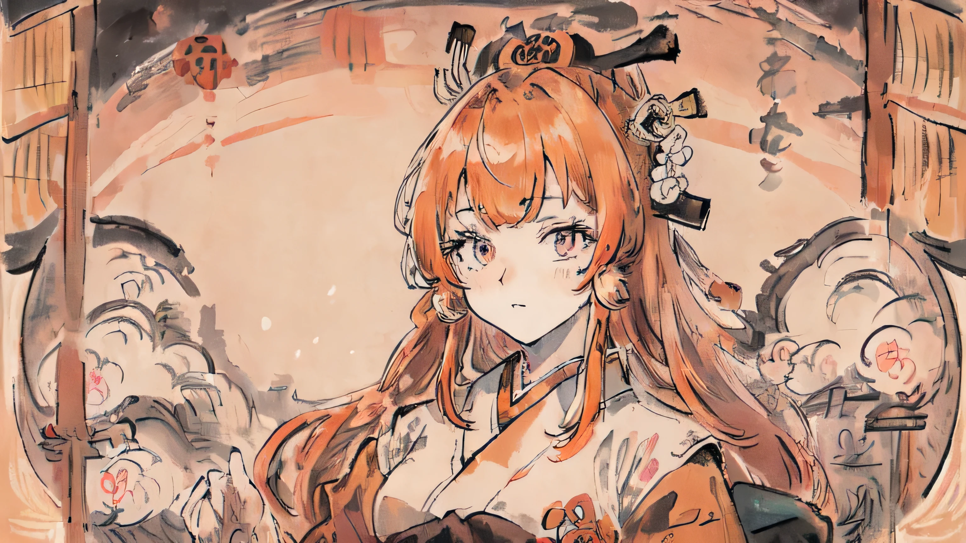 (((masterpiece,highest quality))),1 Female, Alone with orange hair,Long Hair,(Japanese style:1.4),princess,(Healing),night,Very long sleeves,Super detailed face, Super detailed eyes,Super detailed field,Super detailed hand