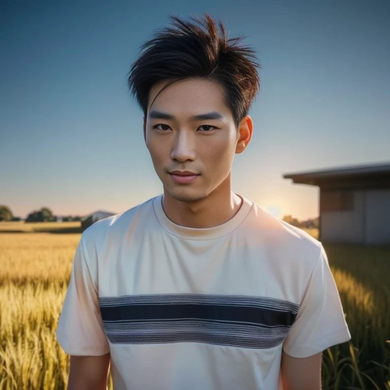 A man wearing an orange shirt is in a field., Very handsome, very realistic, Handsome young man's face, Asian man, Realistic art style, handsome man, 3D demoreal avatar, semi-realistic rendering, Soft portrait 8 k, Highly detailed realistic faces, 8K vertical rendering, Realistic perfect face, Southeast Asians with round faces, Handsome Chad Chin