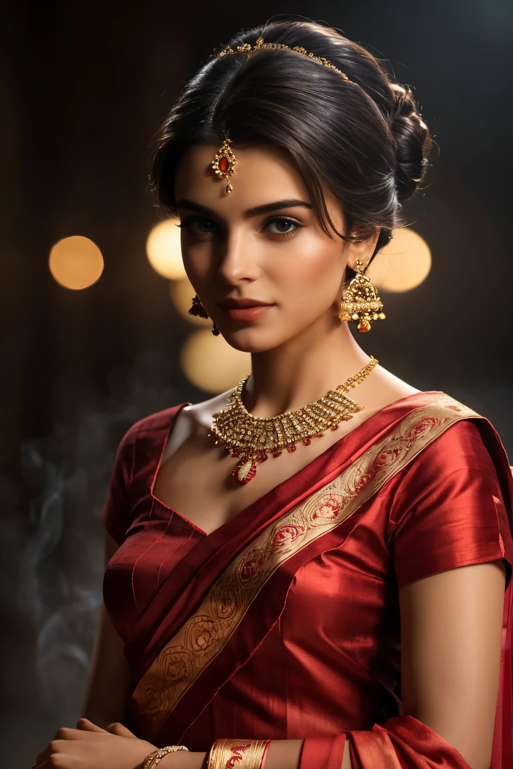 In this photograph, an Indian Instagram female model in her mid-20s takes center stage. (highly detailed face:1.4) (smile:0.7) (background 5-star hotel, moody, private study:1.0V, by Lee Jeffries, Nikon D850, film stock photograph, 4 Kodak Portra 400, camera f1.6 lens, rich colors, hyper-realistic, lifelike texture, dramatic lighting, Cinestill 800, realistic). She is wearing a traditional red and white saree that exudes elegance and sophistication. The saree features a vibrant and intricate design with rich colors and detailed patterns, draped gracefully around her. The blouse is short-sleeved with intricate embroidery and beadwork, complementing the saree’s luxurious fabric. Completing her look, she adorns herself with traditional jewelry, including bangles, earrings, and a necklace. The model's hair is styled in a classic bun with jasmine flowers. The photograph is meticulously captured in 8K resolution using cutting-edge techniques such as Cinema 4D and Octane Render, resulting in a highly detailed and photorealistic image. Studio lighting, HDR, and a smoky mist create a captivating ambiance, while the bokeh effect adds an artistic touch.