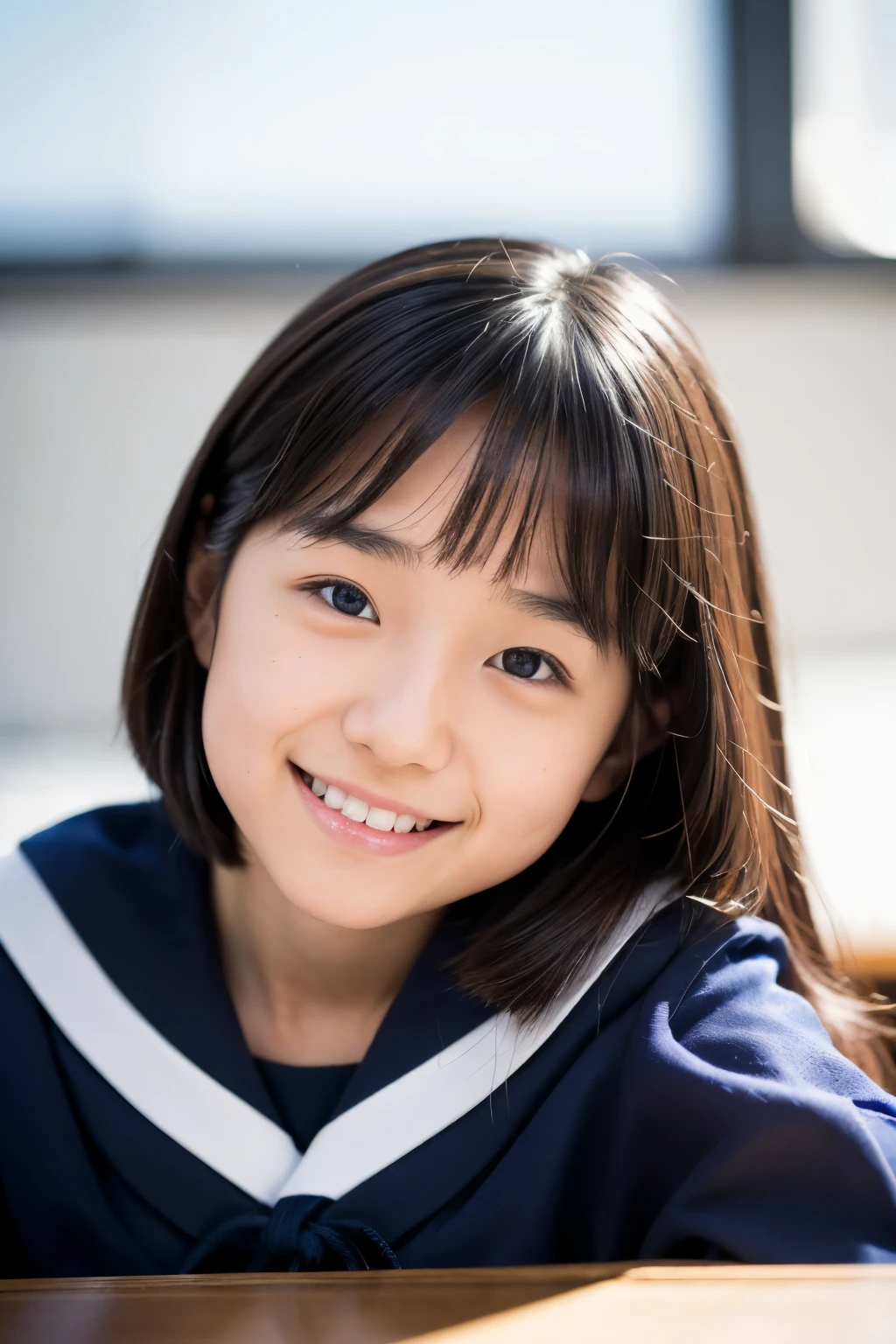 lens: 135mm f1.8, (highest quality),(RAW Photos), (Tabletop:1.1), (Beautiful 12 year old Japanese girl), Cute Face, (Deeply chiseled face:0.7), (freckles:0.4), (Japanese School Uniform), (In the classroom), shy, (Close-up shot:1.2), (smile), (sunlight), Navy blue sailor suit, Long sleeve