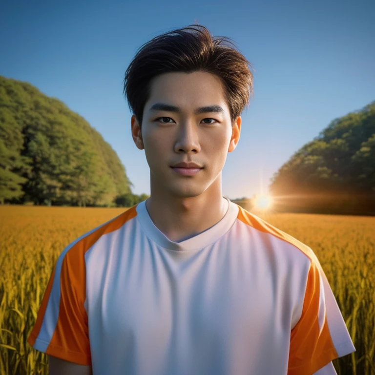 A man wearing an orange shirt is in a field., Very handsome, very realistic, Handsome young man's face, Asian man, Realistic art style, handsome man, 3D demoreal avatar, semi-realistic rendering, Soft portrait 8 k, Highly detailed realistic faces, 8K vertical rendering, Realistic perfect face, Southeast Asians with round faces, Handsome Chad Chin