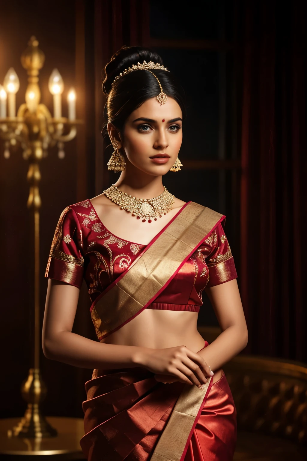 In this photograph, an Indian Instagram female model in her mid-20s takes center stage. (highly detailed face:1.4) (smile:0.7) (background 5-star hotel, moody, private study:1.0V, by Lee Jeffries, Nikon D850, film stock photograph, 4 Kodak Portra 400, camera f1.6 lens, rich colors, hyper-realistic, lifelike texture, dramatic lighting, Cinestill 800, realistic). She is wearing a traditional red and white saree that exudes elegance and sophistication. The saree features a vibrant and intricate design with rich colors and detailed patterns, draped gracefully around her. The blouse is short-sleeved with intricate embroidery and beadwork, complementing the saree’s luxurious fabric. Completing her look, she adorns herself with traditional jewelry, including bangles, earrings, and a necklace. The model's hair is styled in a classic bun with jasmine flowers. The photograph is meticulously captured in 8K resolution using cutting-edge techniques such as Cinema 4D and Octane Render, resulting in a highly detailed and photorealistic image. Studio lighting, HDR, and a smoky mist create a captivating ambiance, while the bokeh effect adds an artistic touch.