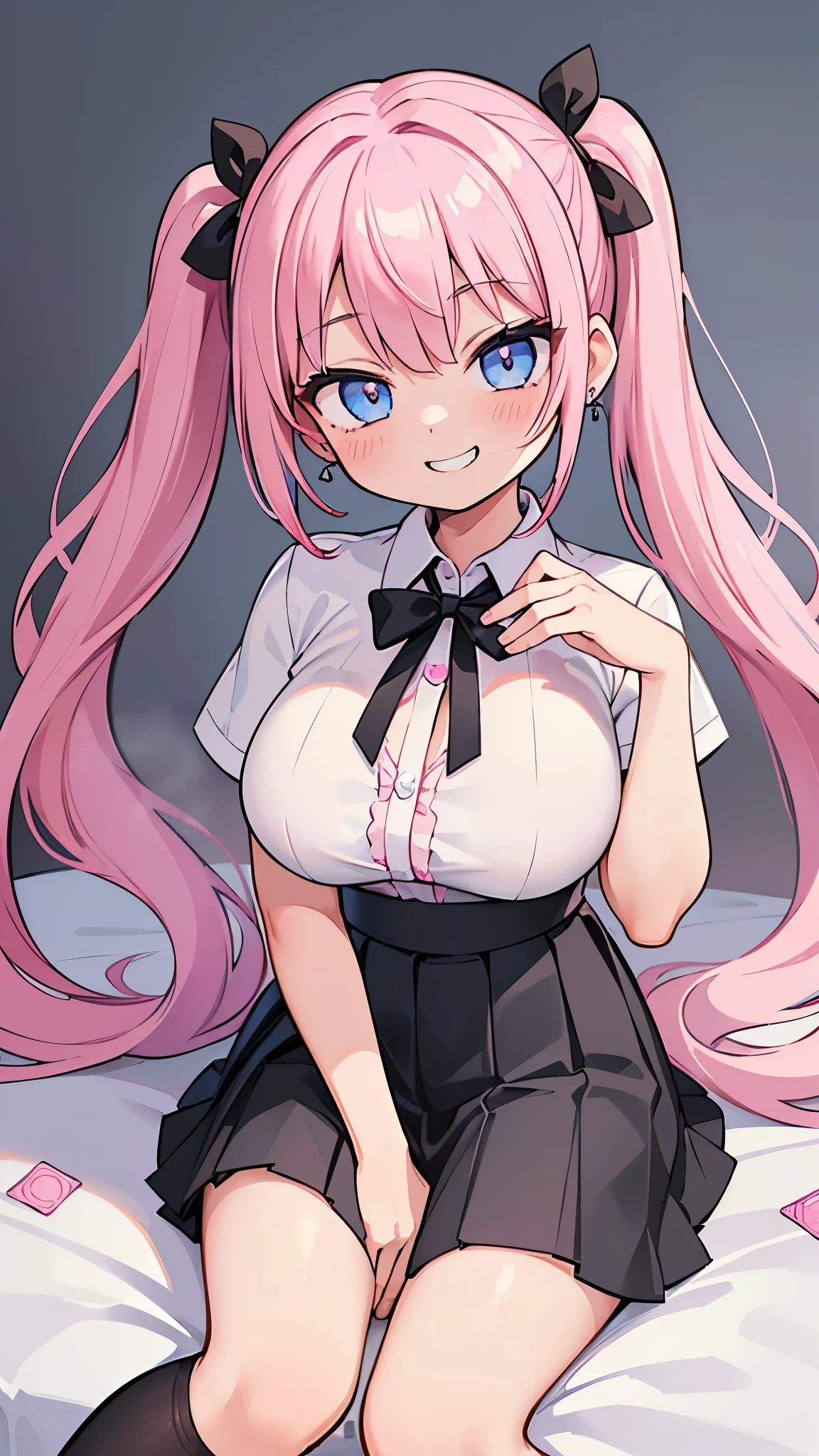 (masterpiece、highest quality、Super detailed)、((One girl))、((Pink Hair))、((Twin tails))、((Light blue eyes))、smile、((Grin))、steam、Earrings、((Very large breasts))、((White collared shirt))、Short sleeve、((Black pleated skirt))、wariza、((black socks))、((condom wrapper))、On the bed、((Pink Neon))、Bedroom Background