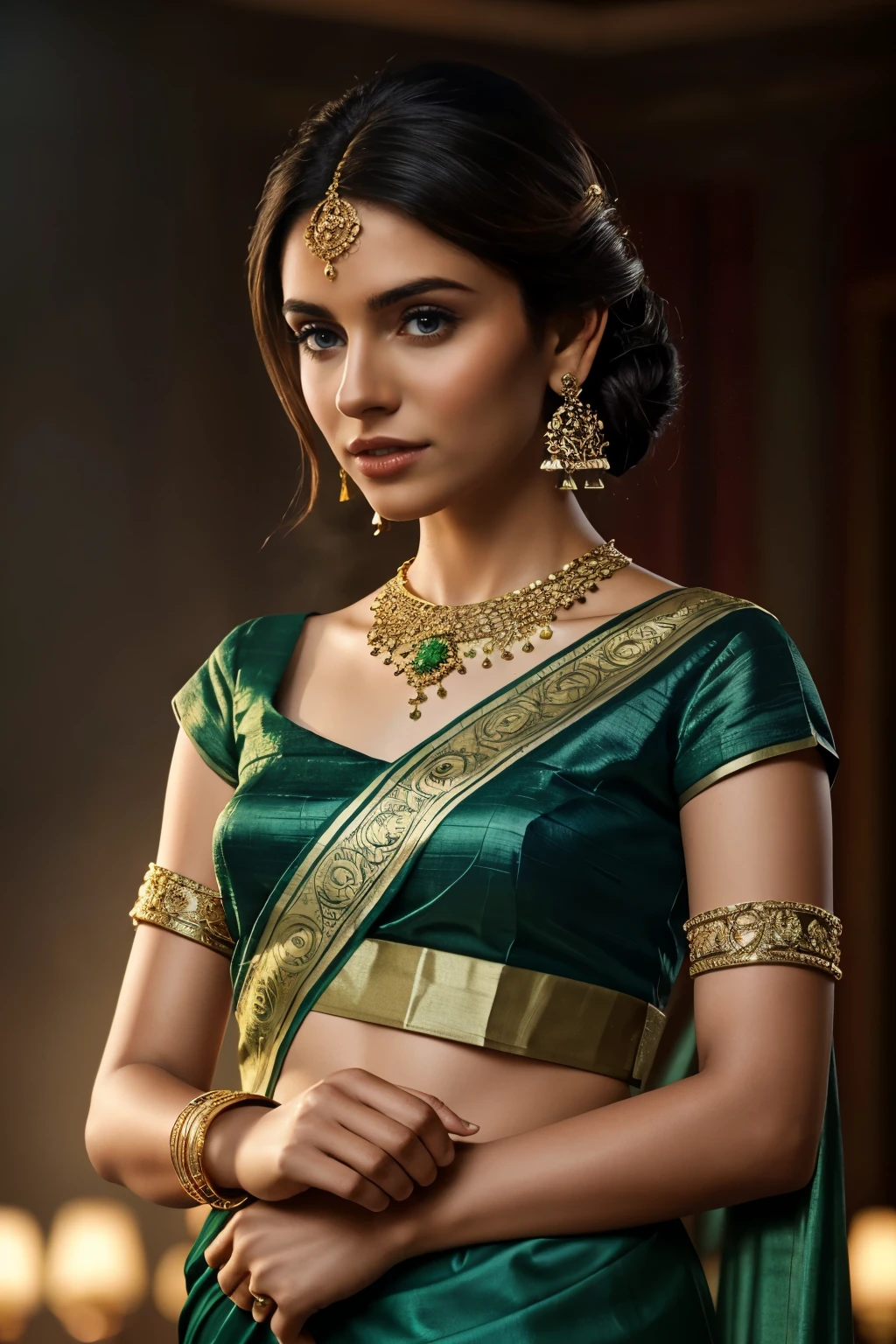 In this photograph, an Indian Instagram female model in her mid-20s takes center stage. (highly detailed face:1.4) (smile:0.7) (background 5-star hotel, moody, private study:1.0V, by Lee Jeffries, Nikon D850, film stock photograph, 4 Kodak Portra 400, camera f1.6 lens, rich colors, hyper-realistic, lifelike texture, dramatic lighting, Cinestill 800, realistic). She is wearing a traditional greenish ivory saree that exudes elegance and sophistication. The saree features a vibrant and intricate design with rich colors and detailed patterns, draped gracefully around her. The blouse is short-sleeved with intricate embroidery and beadwork, complementing the saree’s luxurious fabric. Completing her look, she adorns herself with traditional jewelry, including bangles, earrings, and a necklace. The model's hair is styled in a classic bun with jasmine flowers. The photograph is meticulously captured in 8K resolution using cutting-edge techniques such as Cinema 4D and Octane Render, resulting in a highly detailed and photorealistic image. Studio lighting, HDR, and a smoky mist create a captivating ambiance, while the bokeh effect adds an artistic touch.