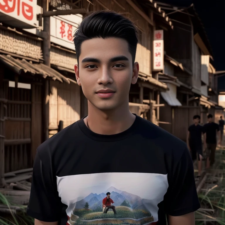 Aarav wears a red shirt., in the rice field, Very handsome, very realistic, Handsome young man's face, Asian man, Realistic art style, handsome man, 3D demoreal avatar, semi-realistic rendering, Soft portrait 8 k, Highly detailed realistic faces, 8K vertical rendering, Realistic perfect face, Southeast Asians with round faces, Handsome Chad Chin