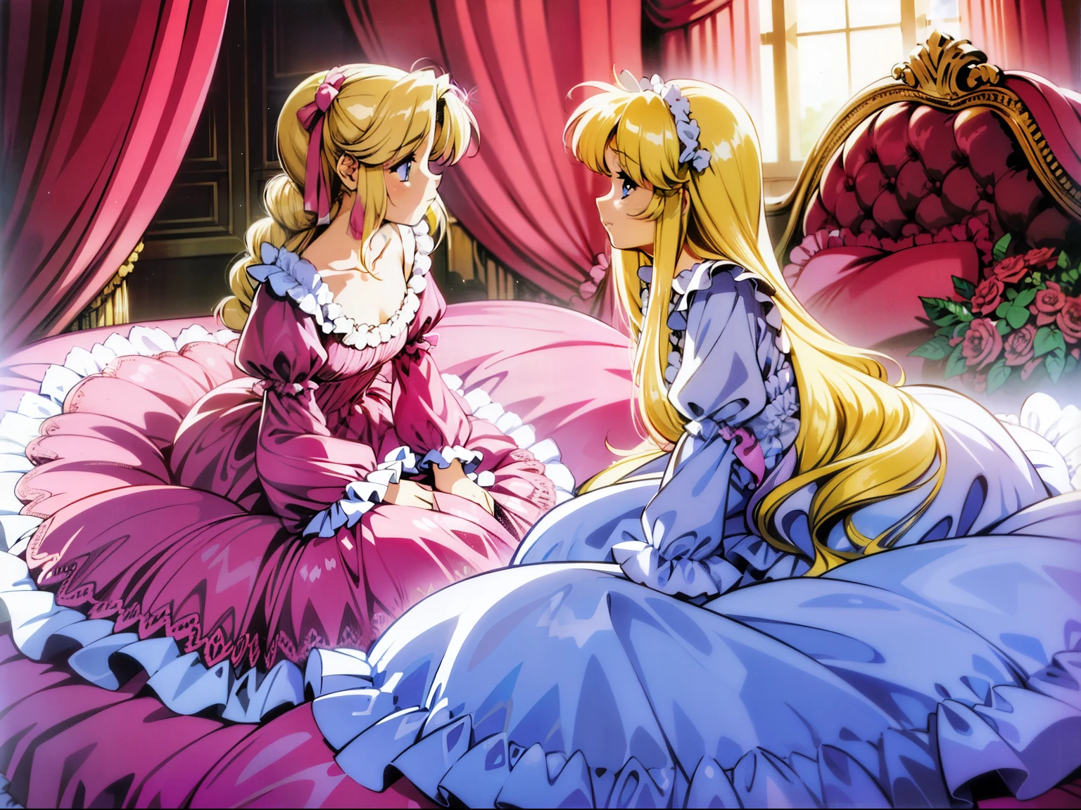 ,highest quality, masterpiece, highest resolution, artwork,1990s style anime illustration,(( old little girls)),Super detailed baby face,both are princesses,detailed luxury tiara,Full length ball gown dress with hoop skirt,ruffle yoke collar,Detailed braided ribbon at chest,puff sleeves,long sleeve,((lolita e hot pink princess satin dress、Comes with lots of frills and ribbons。)),shiny silk satin dress,soft and smooth silk satin fabric,luxury,Very long blonde hair,blue eyes,white skin european,pajamas,((inside the palace)),Princess dancing happily,gorgeous flowing dress,fine white frills and lace,Super long hair that is as tall as your body,white long socks,drawers with lots of frills,castle bedroom at night,Super long flowing hair,on the bed,Luxurious canopy on the bed,Huge, spacious bed,Pink pillow with lots of frills,Silk satin pink curtains with luxurious ruffles and ribbons surround the bed,princess sitting on bed,Pillows piled up behind the princess,A princess leaning on a pile of pillows,Long hair scattered like a fan on the bed,(((Both legs are completely hidden inside the dress))),
