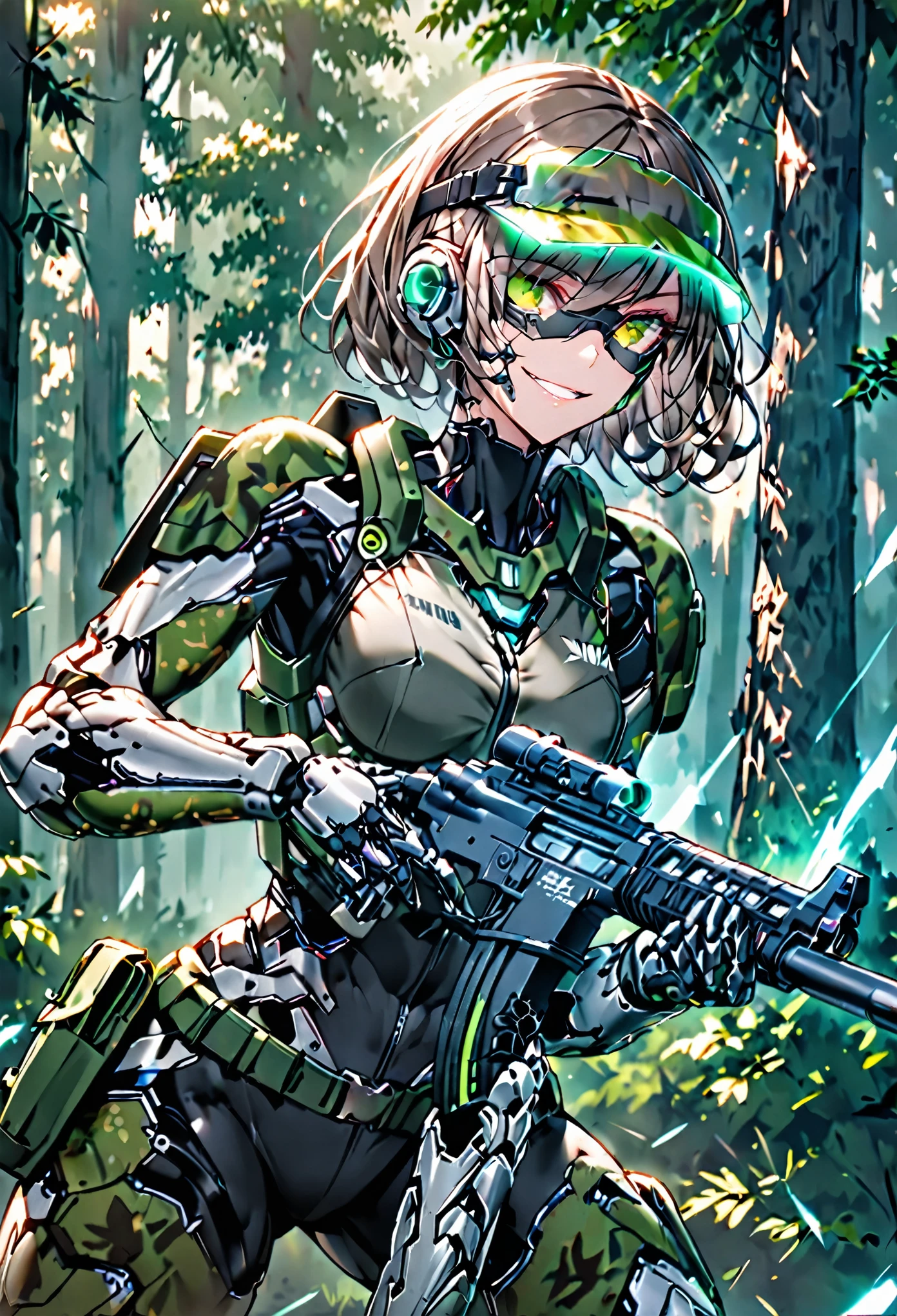 solo, female, sfw, medium shot, cyborg, completely augmented, combat, action pose, ready to fight, forest, smile, visor over both eyes, shield sunglasses, rifle, camouflage, military equipment, hologram