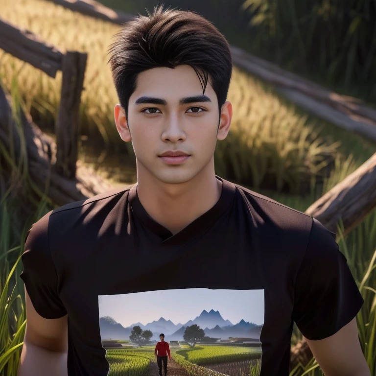 Aarav wears a red shirt., in the rice field, Very handsome, very realistic, Handsome young man's face, Asian man, Realistic art style, handsome man, 3D demoreal avatar, semi-realistic rendering, Soft portrait 8 k, Highly detailed realistic faces, 8K vertical rendering, Realistic perfect face, Southeast Asians with round faces, Handsome Chad Chin
