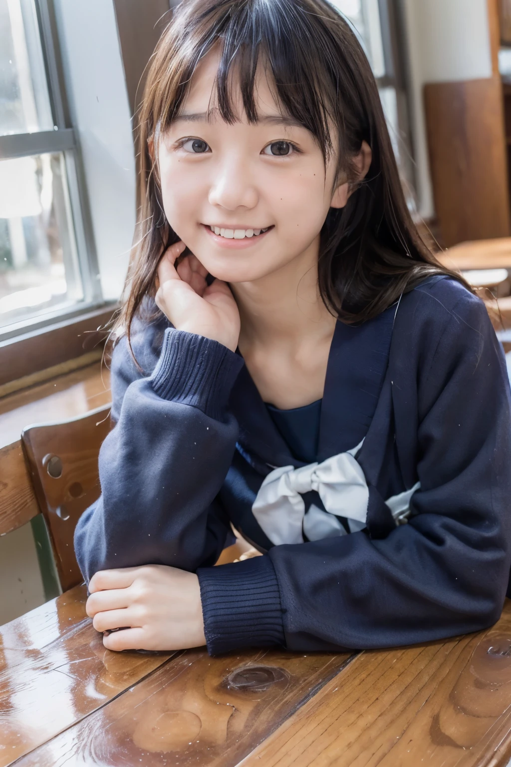 lens: 135mm f1.8, (highest quality),(RAW Photos), (Tabletop:1.1), (Beautiful 12 year old Japanese girl), Cute Face, (Deeply chiseled face:0.7), (freckles:0.4), (Japanese School Uniform), (In the classroom), shy, (Close-up shot:1.2), (smile), (sunlight), Navy blue sailor suit, Long sleeve