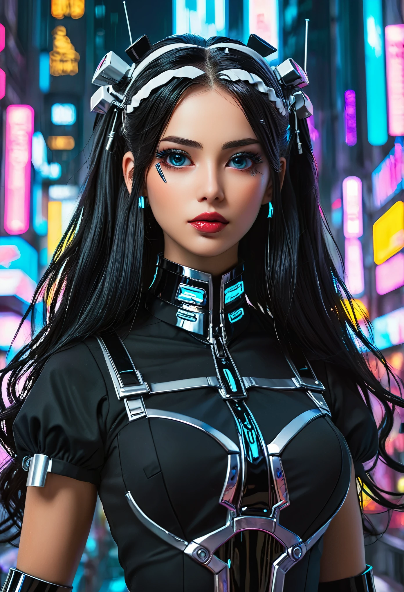 cyberpunk style, cybernetics, a beautiful maid, futuristic, sexy and hot black ((maid uniform)), full  body shot, long hair, beautiful detailed eyes, beautiful detailed lips, extremely detailed face, longeyelashes, intricate futuristic background, neon lights, chrome elements, dystopian city, (best quality, 4k, 8k, highres, masterpiece:1.2), ultra-detailed, (realistic, photorealistic, photo-realistic:1.37), cinematic lighting, dramatic shadows, vibrant colors