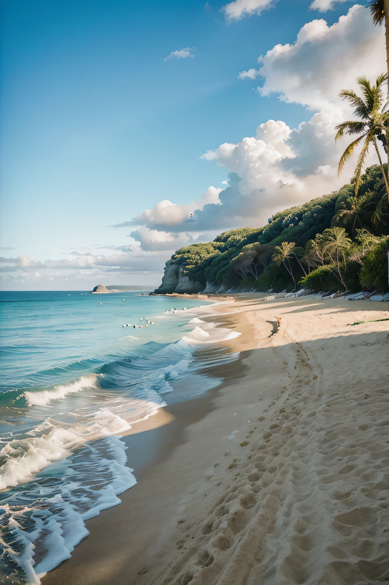 A chilling vacation at the beach, sunshine and blue sea. This scene portrays a serene setting with warm sunlight and calm waters. The image is a beautifully detailed painting capturing the essence of a relaxing beach getaway. The vibrant colors of the sun and sea create a peaceful atmosphere, inviting viewers to immerse themselves in the tranquil beauty of the scene. The meticulous brushstrokes and vivid hues elevate this image to a masterpiece of serene coastal bliss.