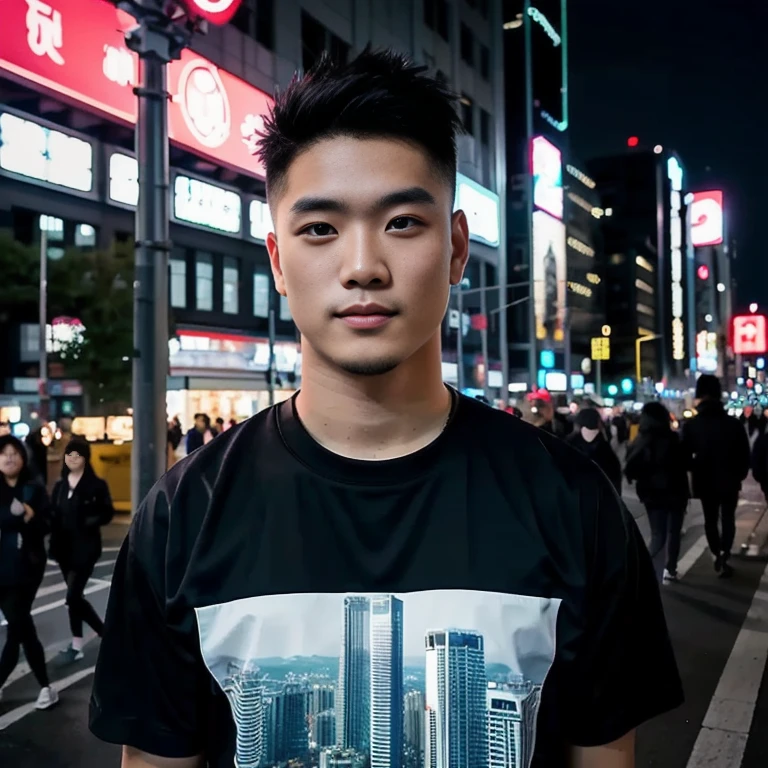 ชายอาราฟStanding on city streetsตอนกลางคืน, high quality vertical, Portrait in the middle of a shot, Asian man, Anime style mixed with Fujifilm, Standing on city streets, Handsome Japanese demon boy, Street Photos, city behind, Japanese Streetwear, He wore a black t-shirt., Profile picture, vertical picture, with a city behind