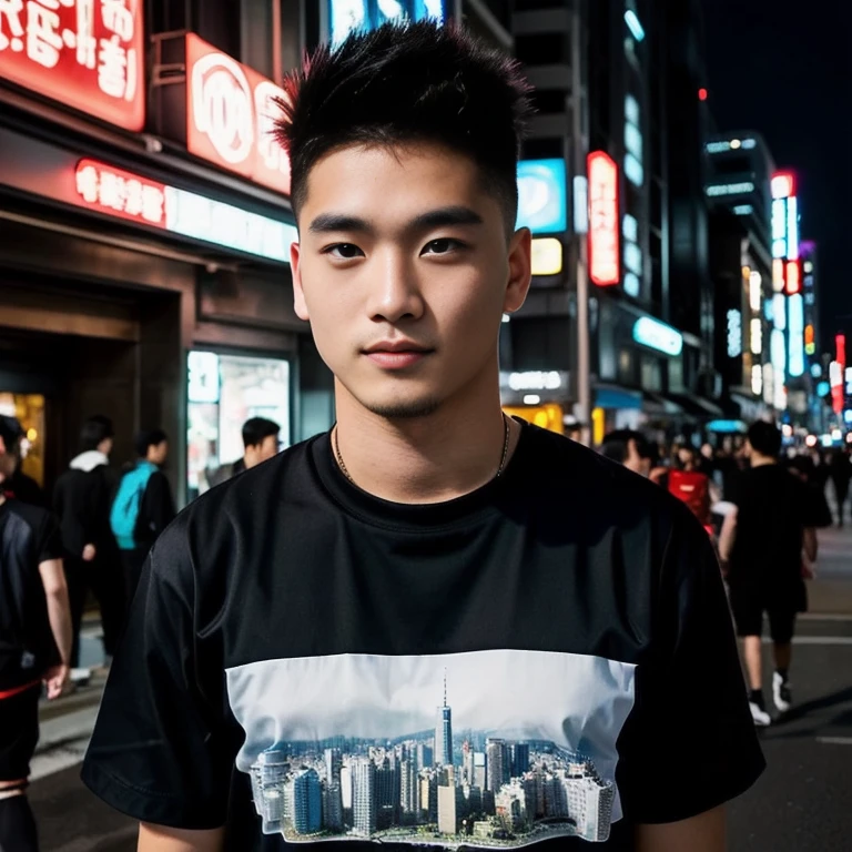 ชายอาราฟStanding on city streetsตอนกลางคืน, high quality vertical, Portrait in the middle of a shot, Asian man, Anime style mixed with Fujifilm, Standing on city streets, Handsome Japanese demon boy, Street Photos, city behind, Japanese Streetwear, He wore a black t-shirt., Profile picture, vertical picture, with a city behind