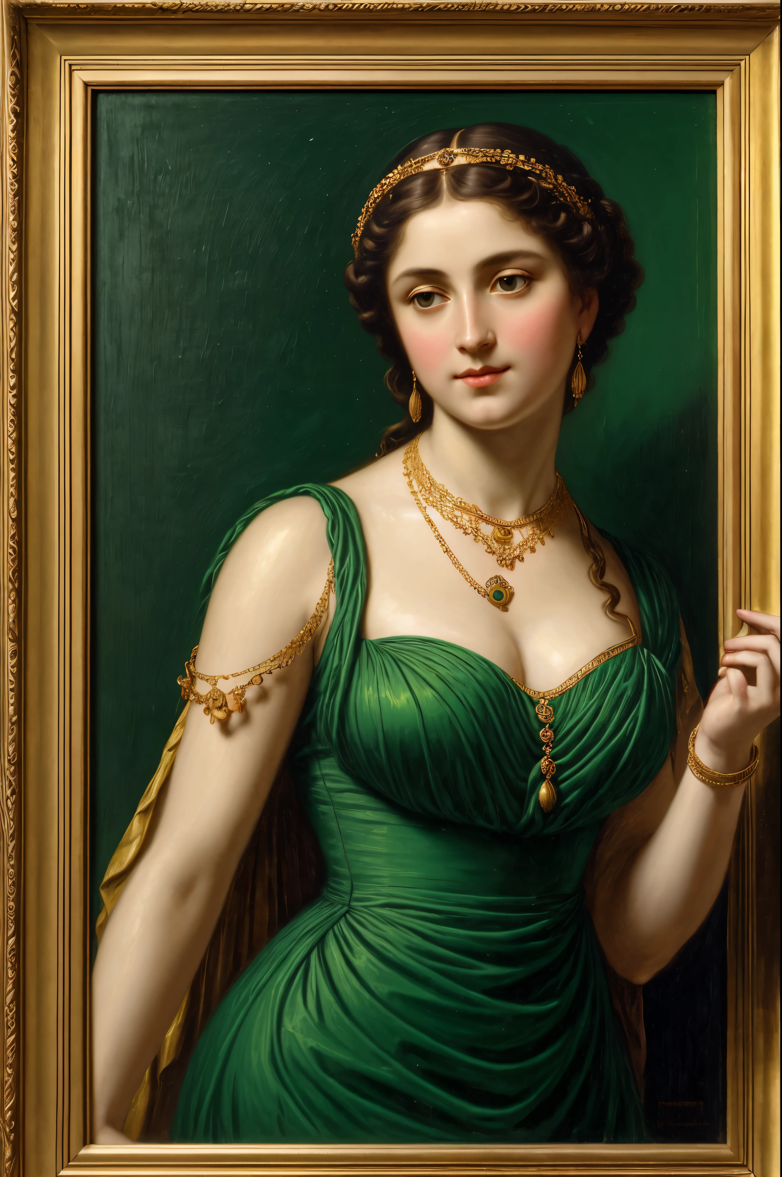 painting of a woman in a green dress with a gold necklace, portrait of a goddess, by Hermann Rüdisühli, by Alexandre Cabanel, godess, the goddess hestia, neoclassic painting, pudica pose bouguereau style, portrait of a beautiful goddess, portrait of megara, by Friedrich von Amerling
