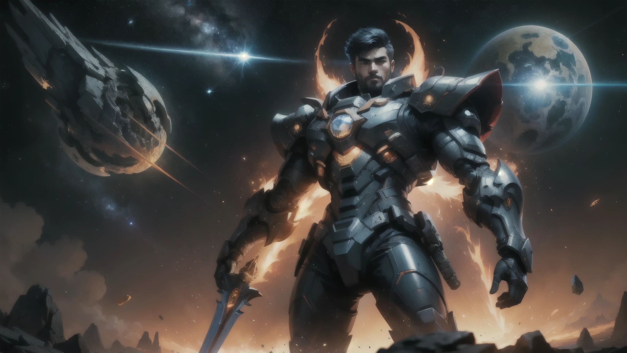 Drawing of a young Asian man standing on a meteorite in outer space, holding a sword stuck in the ground, his armor resembles a superhero costume in
League of Legends game, surrounded by several asteroids emitting rings of fire. Dramatic lighting from distant stars and planets illuminates the scene, casting deep shadows on the suit. The young man seems confident and determined., Looks at the vast and mysterious universe with wonder and fear,bearded, Cowboy shooting,
