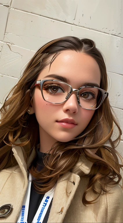 there is a woman com glasses and a coat posing for a picture, girl wearing glasses redondos, girl com glasses, retrato de alta qualidade, com glasses, usando glasses dourados, com glasses quadrados, wearing thin large glasses redondos, glasses, estilo de arte hiperrealista, wearing small glasses redondos, com glasses on, solo portrait 🎨🖌️, glasses redondos, wearing glasses redondos