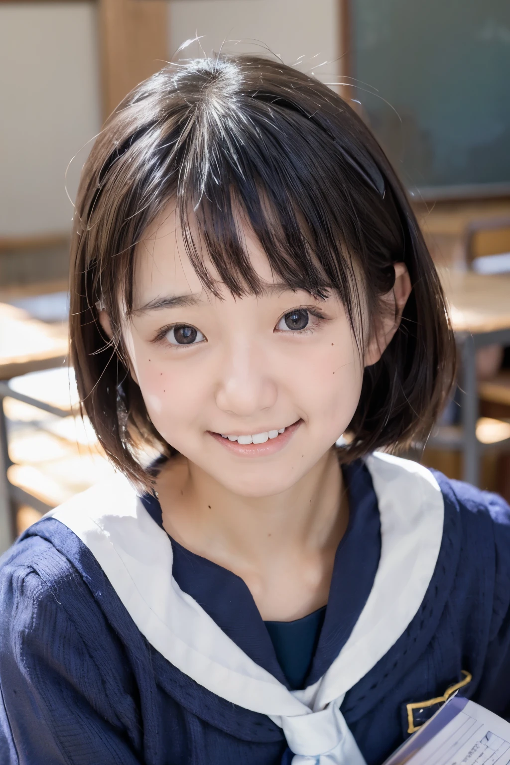 lens: 135mm f1.8, (highest quality),(RAW Photos), (Tabletop:1.1), (Beautiful  Japanese girl), Cute Face, (Deeply chiseled face:0.7), (freckles:0.4), (Japanese School Uniform), (In the classroom), shy, (Close-up shot:1.2), (smile), (sunlight), Navy blue sailor suit, Long sleeve