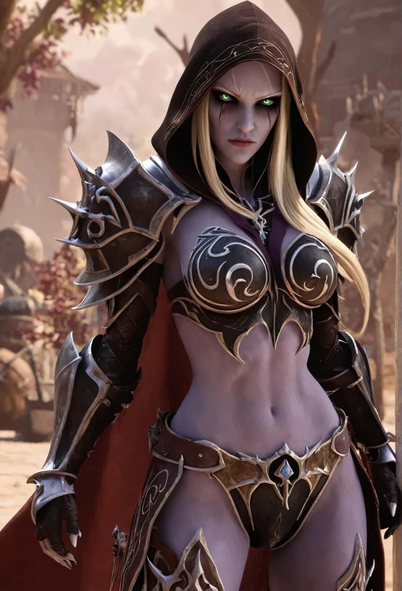 cinewow 1girl,sylvanas windrunner,,blonde,black sclera,glowing eyes,long hair,shoulder armor,full body,hood,solo,masterpiece,epic,best quality scar,perfect body proportion,pinup,posinig