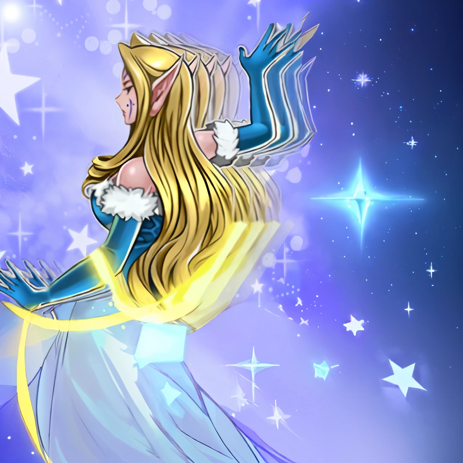 Una imagen de dibujos animados de una mujer con cabello largo y rubio y un vestido azul, lux de liga de leyendas, hecho de cristal, hada astral, Inspired by Star Guardian, princesa caballero elfa, Arte de estilo de hadas Shepard, elf angel meditating in space, hechicera de hielo, bruja del cielo, hermoso mago celestial, alluring princesa caballero elfa, intergalactic princess
