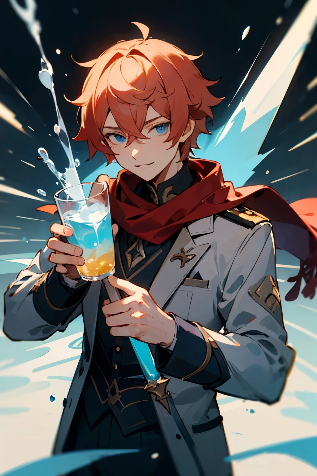 ((Best quality)), ((masterpiece)), (detailed), Perfect face of Tartaglia from Genshin Impact,light red hair,man about 20,Blue eyes,strong,always grinning,thirsty for battle,short hair, water daggers in hand,Man, 20 years old,dull eyes,gray uniform, and a red tattered scarf with water drops, X-shaped bangs, no glare in the eyes,fake smile, all gray suit HIGH, Man ВЗРОСЛЫЙ,under a gray suit, burgundy shirt,with pointed collar,who looks up