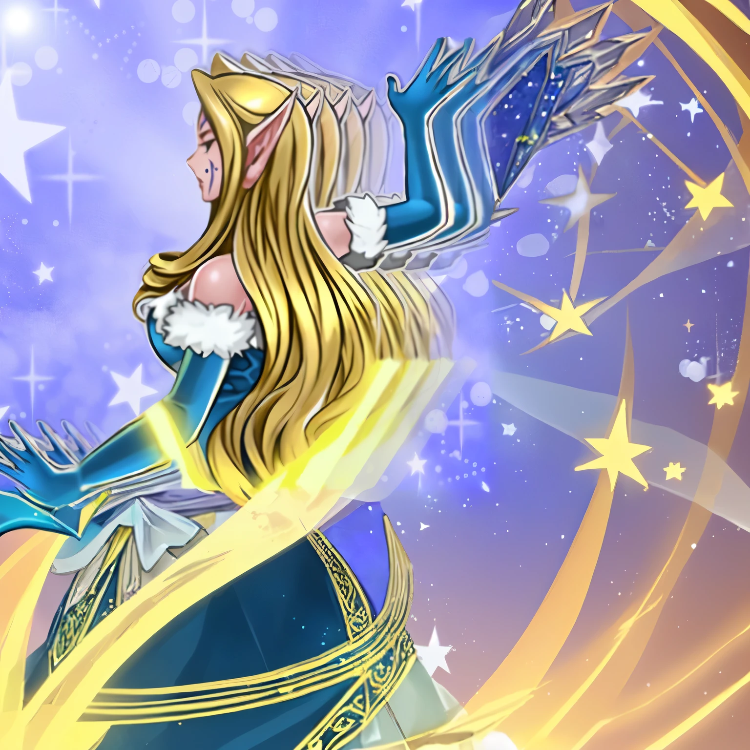 Una imagen de dibujos animados de una mujer con cabello largo y rubio y un vestido azul, lux de liga de leyendas, hecho de cristal, hada astral, Inspired by Star Guardian, princesa caballero elfa, Arte de estilo de hadas Shepard, elf angel meditating in space, hechicera de hielo, bruja del cielo, hermoso mago celestial, alluring princesa caballero elfa, intergalactic princess