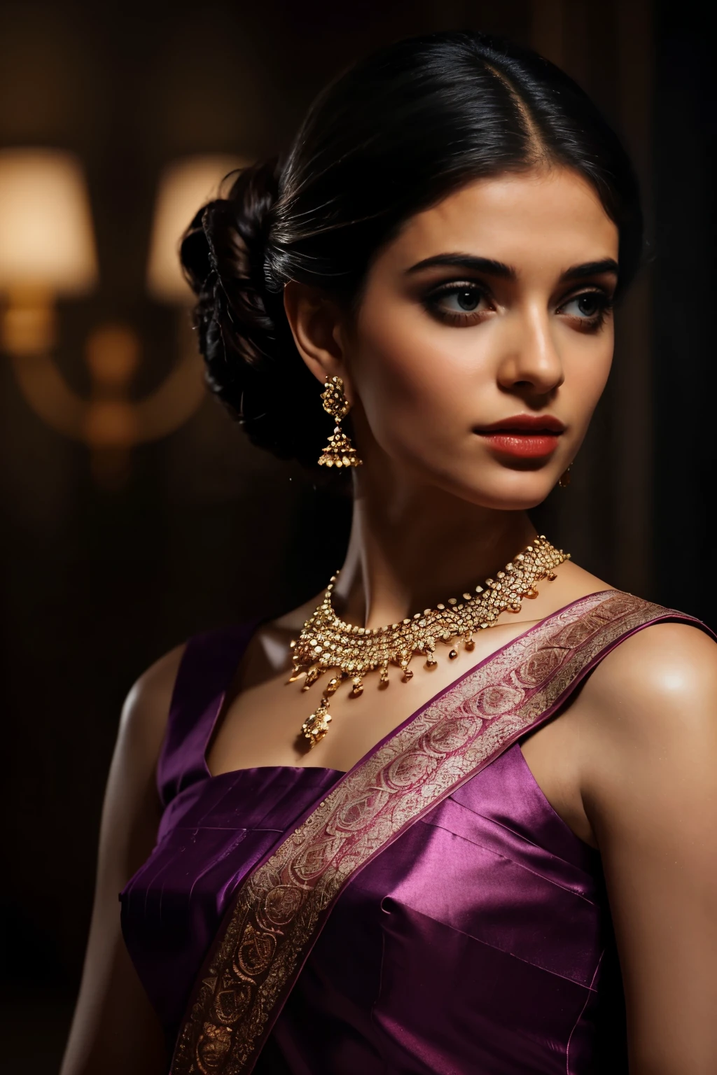 In this photograph, an Indian Instagram female model in her mid-20s takes center stage. (highly detailed face:1.4) (smile:0.7) (background 5-star hotel, moody, private study:1.0V, by Lee Jeffries, Nikon D850, film stock photograph, 4 Kodak Portra 400, camera f1.6 lens, rich colors, hyper-realistic, lifelike texture, dramatic lighting, Cinestill 800, realistic). She is wearing a traditional violet saree that exudes elegance and sophistication. The saree features a vibrant and intricate design with rich colors and detailed patterns, draped gracefully around her. The blouse is short-sleeved with intricate embroidery and beadwork, complementing the saree’s luxurious fabric. Completing her look, she adorns herself with traditional jewelry, including bangles, earrings, and a necklace. The model's hair is styled in a classic bun with jasmine flowers. The photograph is meticulously captured in 8K resolution using cutting-edge techniques such as Cinema 4D and Octane Render, resulting in a highly detailed and photorealistic image. Studio lighting, HDR, and a smoky mist create a captivating ambiance, while the bokeh effect adds an artistic touch.