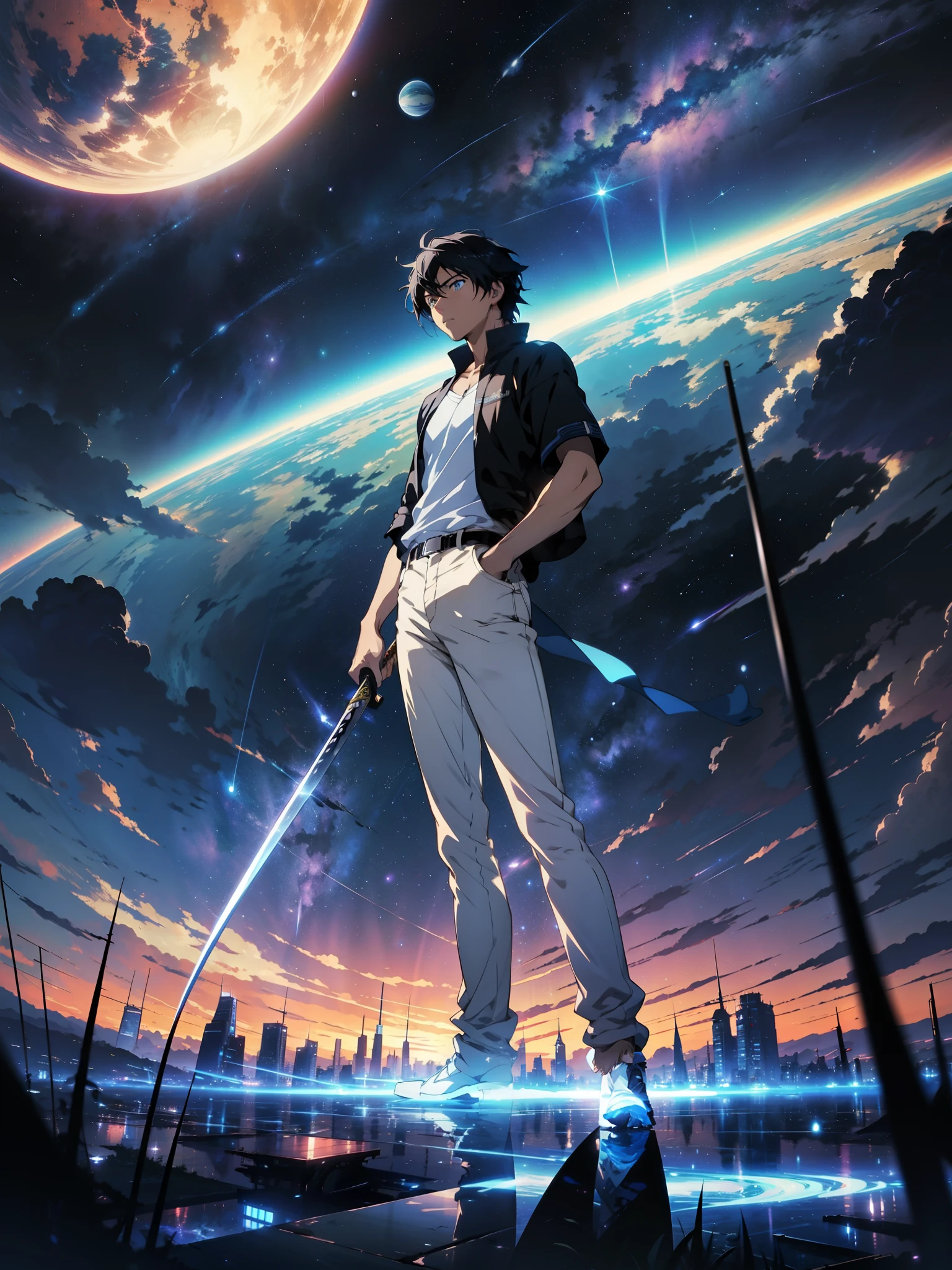 anime - style scene of a beautiful sky with a star and a planet, cosmic skies. by makoto shinkai, anime art wallpaper 4k, anime art wallpaper 4 k, anime art wallpaper 8 k, anime wallpaper 4k, anime wallpaper 4 k, 4k anime wallpaper, anime sky, amazing wallpaper, anime background, heaven planet in background, anime background art, standing young man, black hair, white shirt,blue eyes, black jeans, blu sky. Holding a Katana.