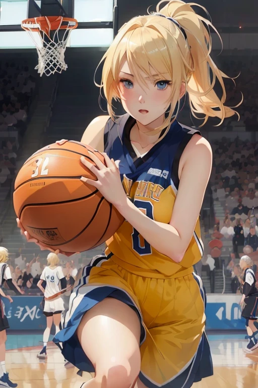 anime girl with blonde hair and blue eyes holding a basketball, trending on artstation pixiv, cushart, cushart kenz, smooth anime cg art, high quality anime artstyle, detailed digital anime art, pixiv 3dcg, clean detailed anime art, digital anime illustration, pixiv, pixiv contest winner, guweiz on artstation pixiv