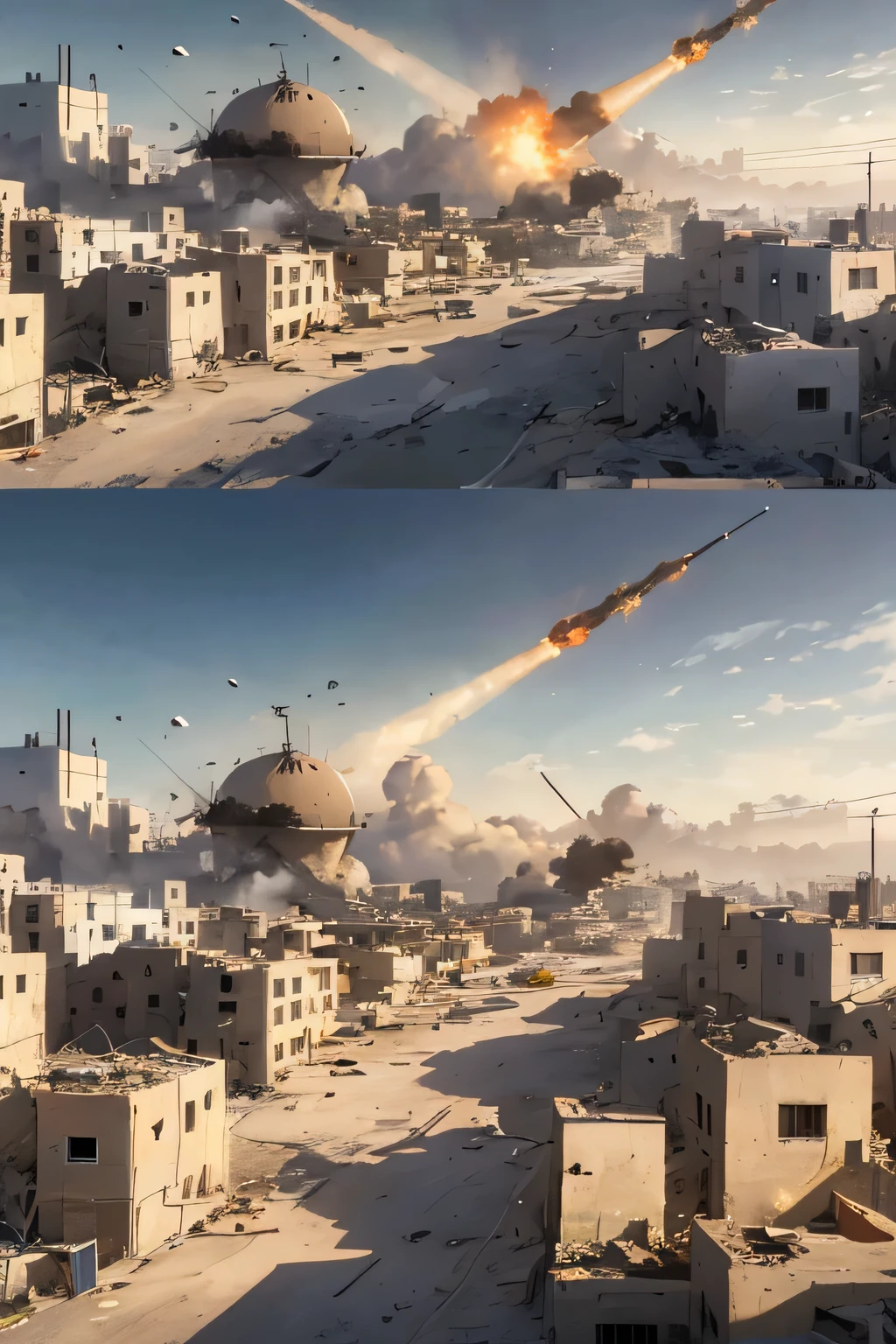 "Enthralling Scene of Gaza Under Siege: A 8K Unmistakable Masterpiece
Ultra-realistic 8K depiction of the tumultuous Gaza, under a hail of rockets and missiles, capturing the extremity of the conflict. The Extremely Detailed CG Unity 8K Wallpaper, portraying the haunting drama of a besieged city, with the perfect juxtaposition of despair and resilience.
Perfect Artwork of Gaza: The Perfect Visual Representation, Dramatic shadows suggesting the intense nights of unceasing attacks, spotlighted by the occasional flares and explosions