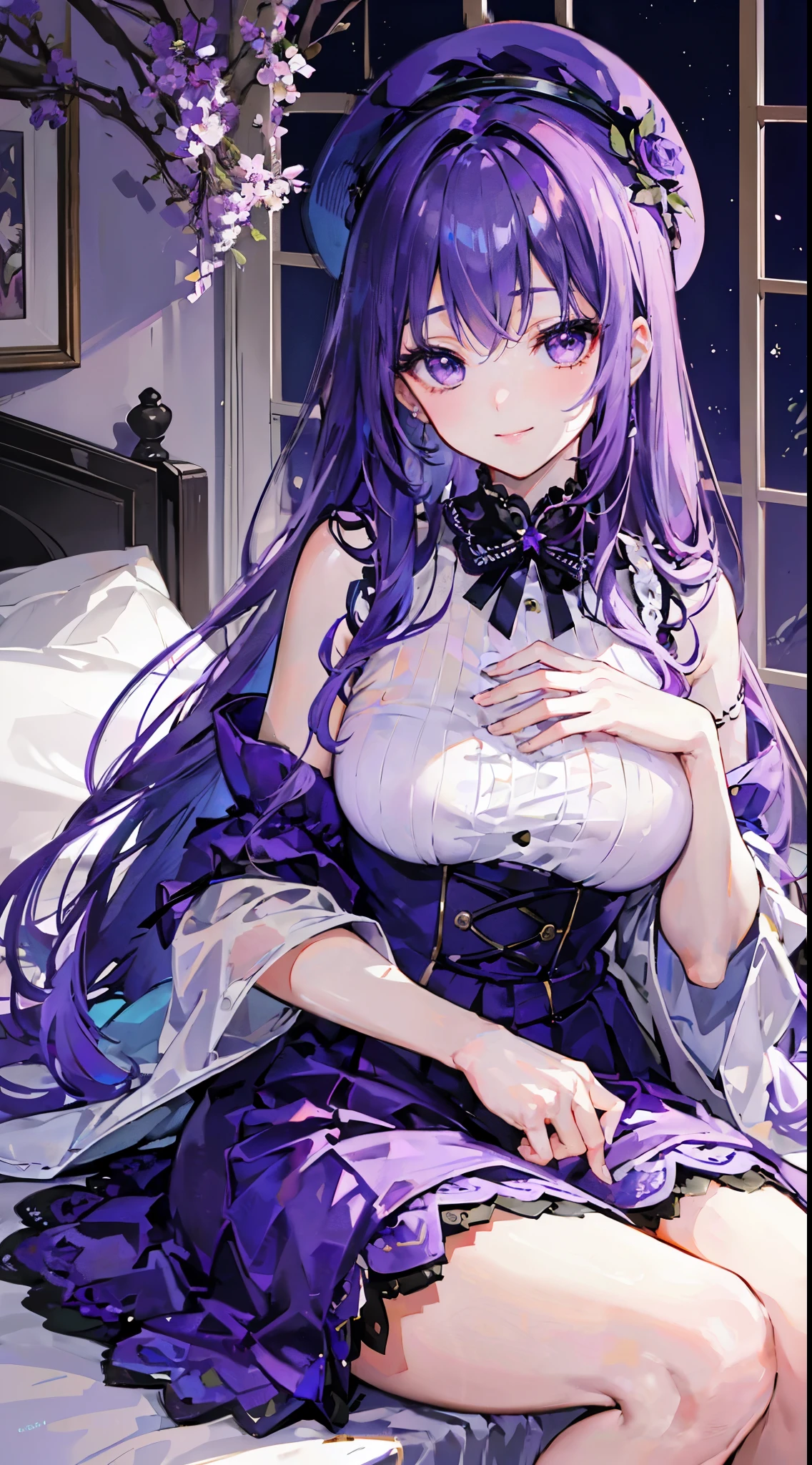 masterpiece, highest quality, Super detailed, Beautiful lighting, With a girl,,(Purple Eyes: 1.3), Sitting, Parks are prohibited, Beautiful views, Mild hot flashes, smile, (cute smile: 1,1), (Bright lips: 1,1), (Beautiful Eyes: 1,1), Long Hair, Purple Hair、Beautiful dress、Big Breasts、Adult female、Please place your hand on your chest、Night Sky、star々、flower、indoor、bed、White sheets、beret、Lady