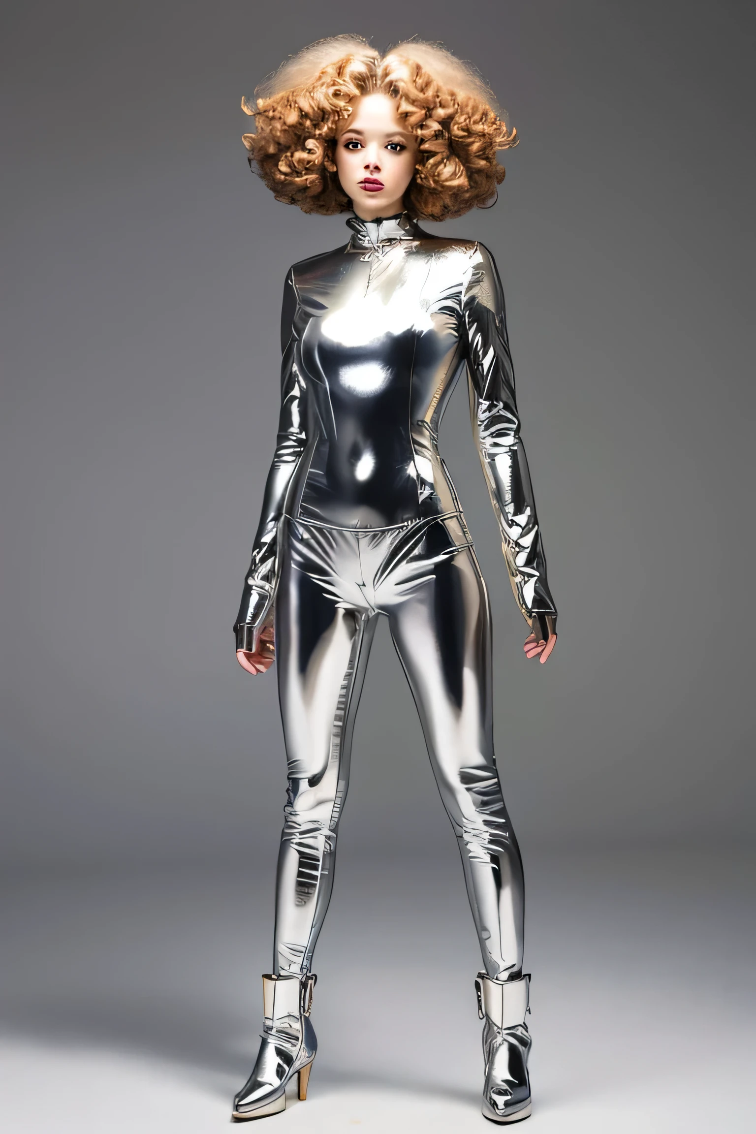 Create an image of a full-body metallic poodle based on Sorayama, with a plain background