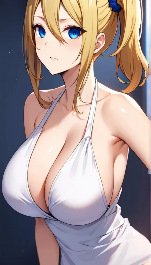 (masterpiece:1.2, best Quality:1.1, 32K HDR, high resolution), (big breasts:1.1, cleavage:1.1, perfect slim body:1.2), (detailed face, detailed eyes, detailed skin texture), hayasaka ai, bangs, blue eyes, blonde hair, hair ornament, hair between eyes, sidelocks, side ponytail, scrunchie, hair scrunchie, blue scrunchie, solo, 1girl, indoors, virgin killer,