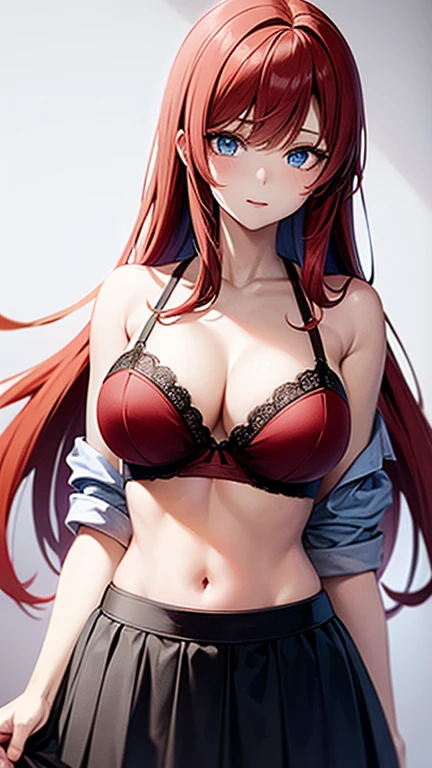 An anime girl with red hair and blue eyes wearing a skirt and an open shirt revealing a black and red bra