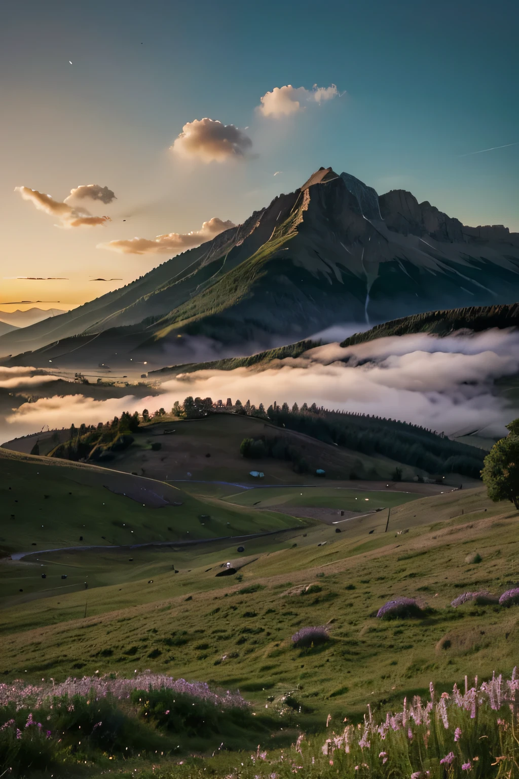 Anime, evening nature, beautiful meadow, mountains, light orange, purple, many birds, few clouds, sad.