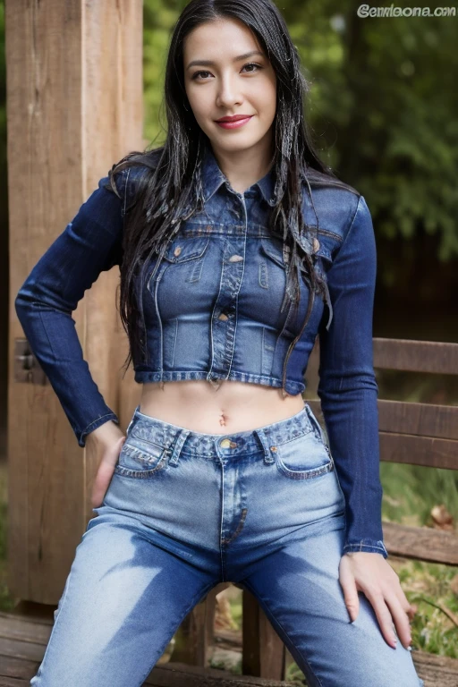 (pp clothes), (realistic), (open leg), (wet jeans), (wet pants), (sitting), 21 yo woman peeing in jeans