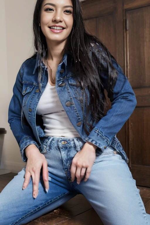 (pp clothes), (realistic), (open leg), (wet jeans), (wet pants), (sitting), 21 yo woman peeing in jeans